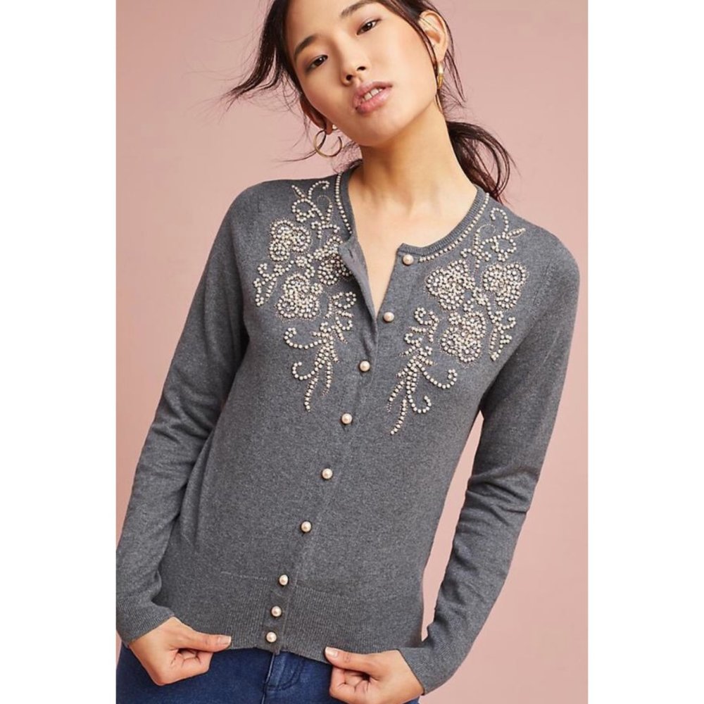 Anthropologie Pearl Embellished Gray Cardigan Sz S - Picture 1 of 12